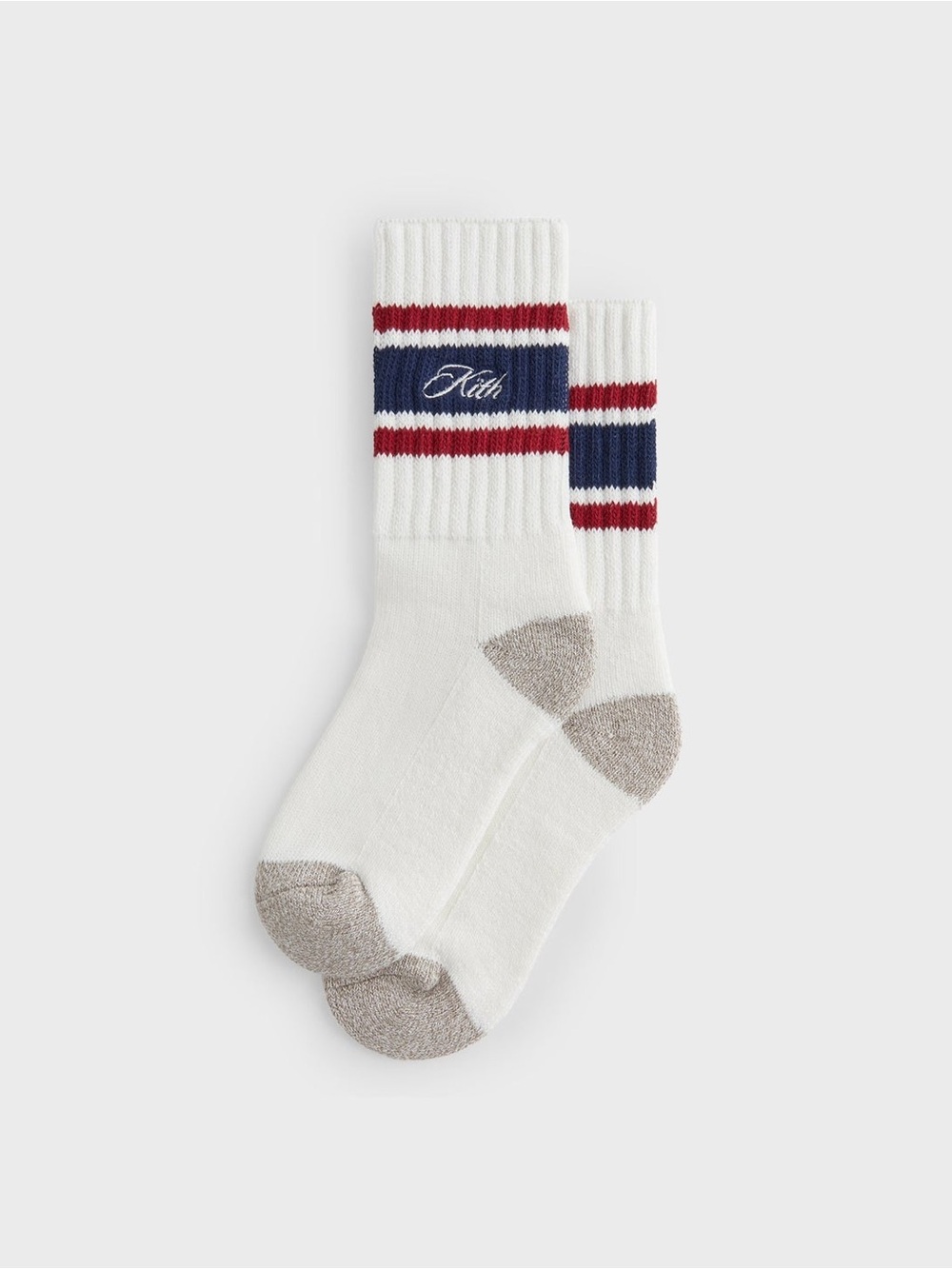 Kith Striped Chunky Crew Socks Nocturnal Script Logo White Red Blue Stripes